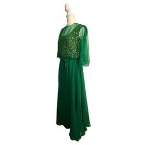 Mike Benet Formals Gorgeous Vintage 70s Emerald Green Chiffon Long Dress Size 14